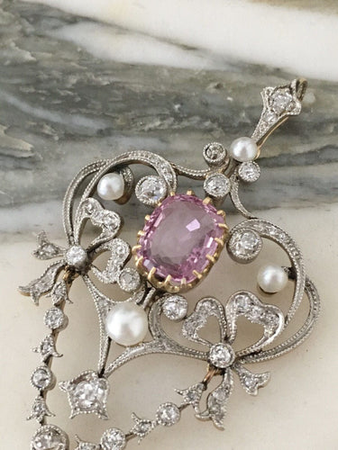 Pendentif Pendentif Belle Époque en or jaune 18k et platine, diamants, perles, saphir rose 58 Facettes
