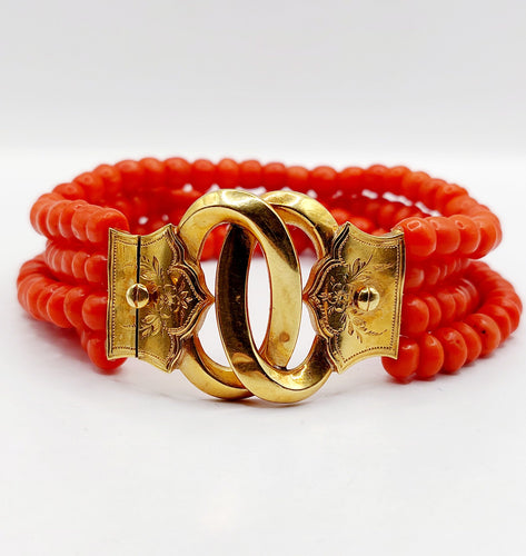 Bracelet Bracelet or jaune, rangs de perles de corail (circa 1880) 58 Facettes A06367