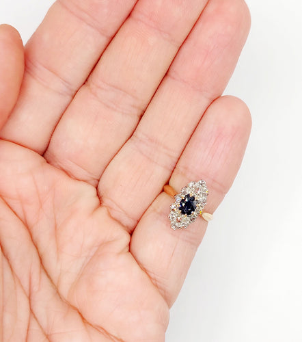 Bague 47 Bague marquise antique or rose 18k saphir synthétique taille coussin et diamants taille roses (circa 1900) 58 Facettes A05612