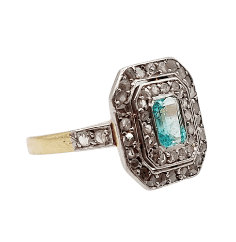 Bague 50 Bague art déco en or 18k et platine, émeraude et diamants taille roses 58 Facettes A03121
