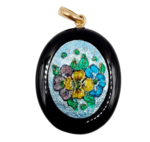 Pendentif Pendentif vintage or rose 18k onyx et plaque émaillée fleurie 58 Facettes A06188