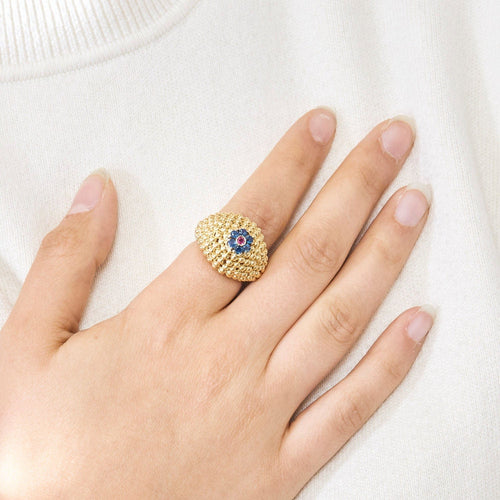 Bague 50 Bague boule vintage en or jaune 18K sertie de 6 saphirs et d'un rubis 58 Facettes