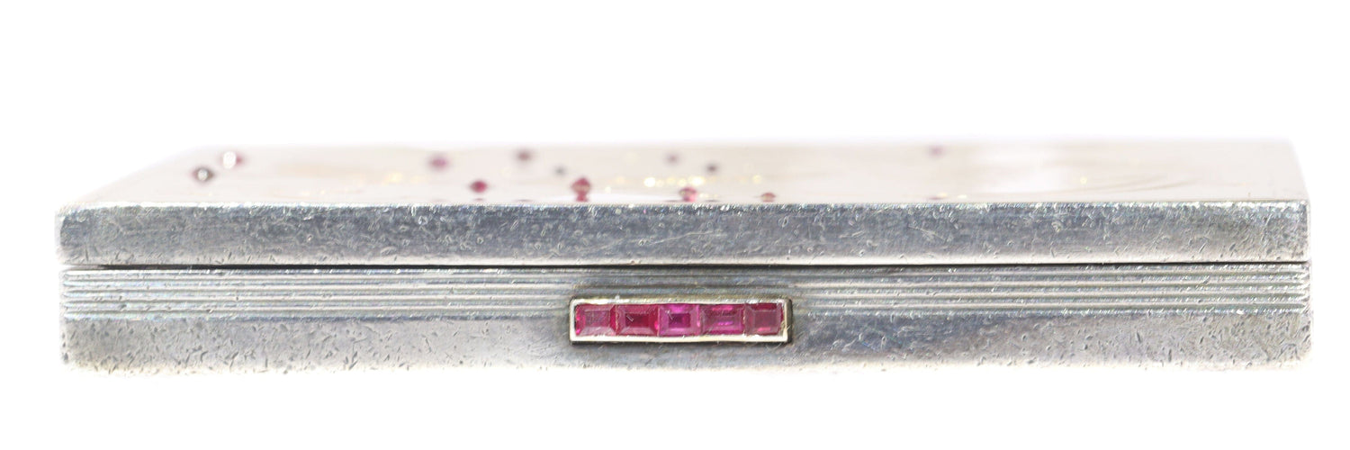 Boîte à poudre de nez en argent français avec miroir intérieur et décor en or et rubis d'oiseaux de paradis 58 Facettes 21020-0179