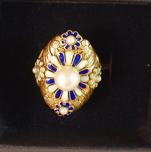 Bague 53 Bague or jaune motif émaillé avec perle au centre 58 Facettes C 308/iee