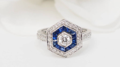 Ring 53.5 Hexagonal ring, calibrated sapphires and diamonds 58 Facettes 32645