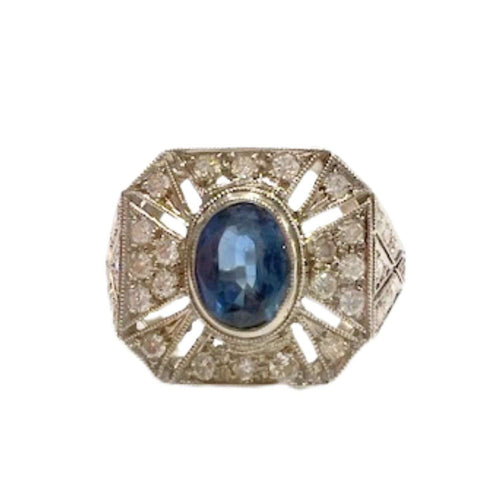 Bague 57 Bague en platine au design Art Déco avec diamants et saphirs 58 Facettes CH39