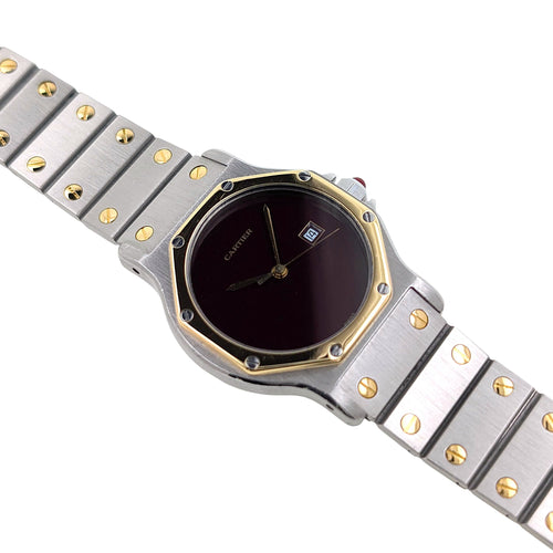 Montre Cartier Santos RARE Santos Round Octagon Date 2966 Burgundy Red Ruby Large Octogonale Gold Stainless 58 Facettes