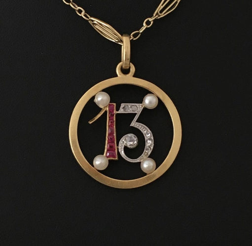 Pendentif Pendentif Art Déco porte bonheur 13 or jaune, platine 58 Facettes
