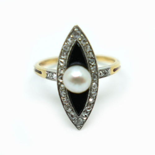 Bague 55 Bague Marquise or jaune, onyx, diamants 58 Facettes