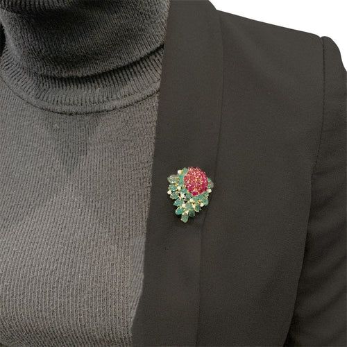 Boucles d'oreilles Clip Floral, or jaune, diamants, émeraudes, rubis. 58 Facettes 35266