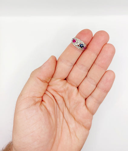 Bague 51 Bague jarretière art déco or blanc diamant, saphir et rubis 58 Facettes A03240