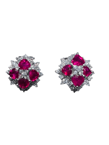 Boucles d'Oreille 8 Rubis Taille "coeur",  Diamants, Or 18 Carat