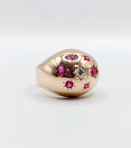 Bague 53 Bague dôme bombé art déco en or rose et diamant et rubis 58 Facettes A05230