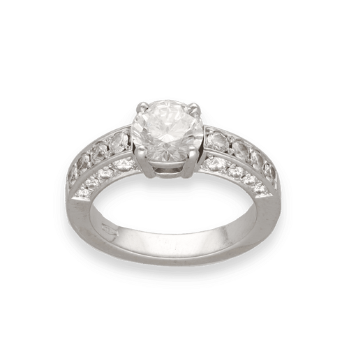 Bague 50 Solitaire Or Gris 18k – Diamant Central 1.18 ct G-SI1 HRD + 0.40 ct – Taille 50 58 Facettes FB10792