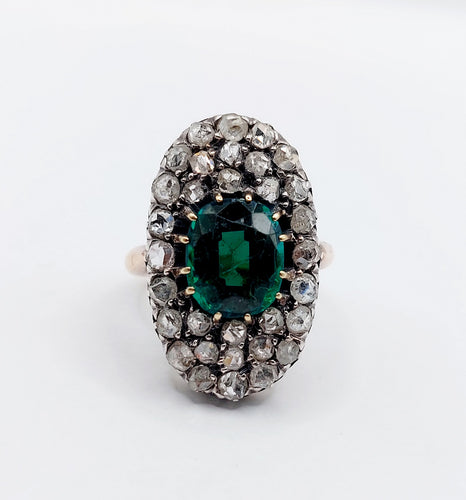 Bague marquise antique en or rose 18k et argent, doublet grenat vert et diamants
