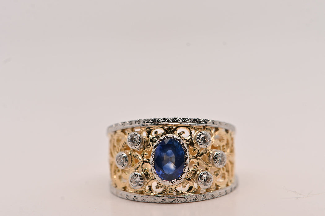 Bague saphir 0,95 carats, diamants, or bicolore