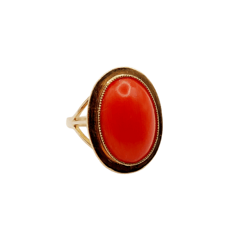 Bague 43 Bague cocktail or rose, cabochon de corail, Art Déco 58 Facettes A06379