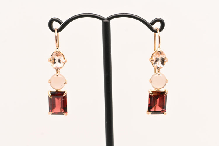 Boucles d'oreilles Earrings Morganite, Agate Grise And Grenat Rose Gold 18 Carats 58 Facettes