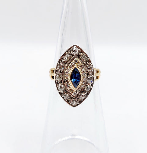Bague 46.5 Bague marquise or rose et argent, saphir et diamants taille ancienne (circa 1900) 58 Facettes A03790