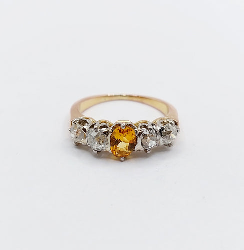 Bague jarretière antique en or rose 18k et platine, citrine et diamants