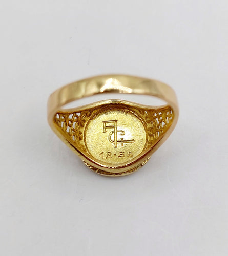 Bague 52 AUGIS - Bague médaille amour or jaune couronne de lauriers ornée de rubis et de diamant (circa 1958) 58 Facettes A04959