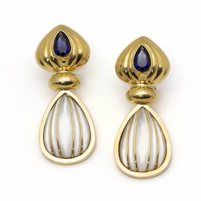 Earrings Mother of Pearl, sapphire, yellow gold