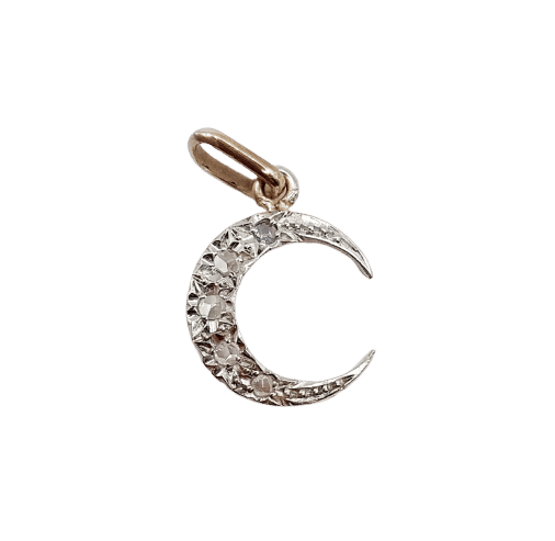 Pendentif croissant de lune en or rose 18k et platine, diamants taille roses
