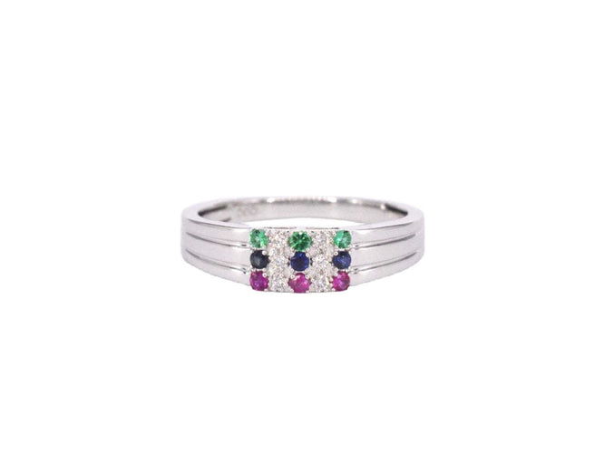 Bague en or blanc avec diamant et pierres précieuses multicolores