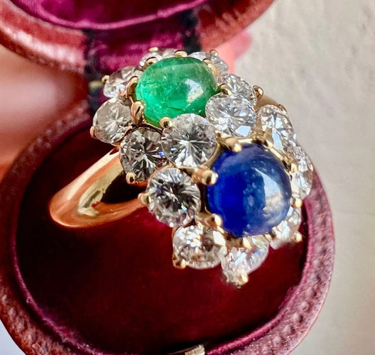 Bague 52 Bague “Toi et Moi” Vintage - Or 18 carats, Émeraude, Saphir & Diamants, Années 1970 58 Facettes 492