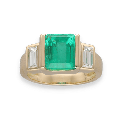 Bague 50-51 Bague en or jaune 18K avec emeraude de Colombie 2,88 cts et diamants baguette - Certificat Carat Gem Lab - Taille ajustable 58 Facettes FB09851