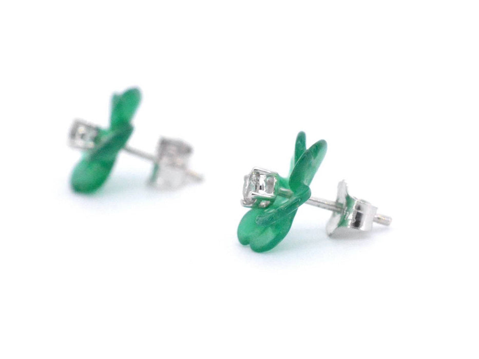 Boucles d'oreilles en or blanc 0,18 carat avec fleur précieuse verte et gros diamants