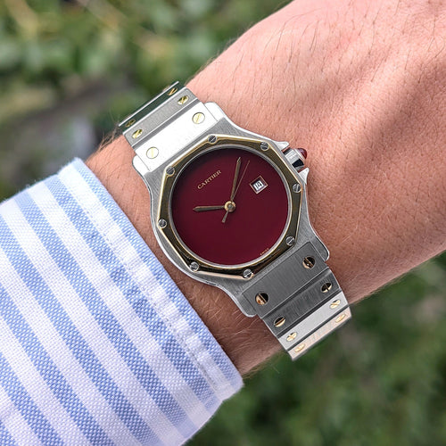 Montre Cartier Santos RARE Santos Round Octagon Date 2966 Burgundy Red Ruby Large Octogonale Gold Stainless 58 Facettes