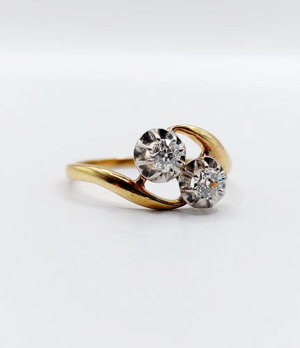 Bague Toi et Moi ancienne en or 18k et diamants taille ancienne