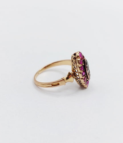 Bague 49 Bague marquise antique en or rose 18k et diamants taille rose rubis 58 Facettes A06448
