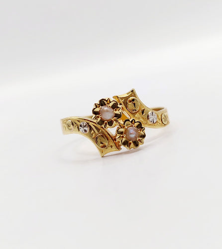 Bague 58.5 Bague toi et moi Art nouveau en or 18k avec perles et feuilles 58 Facettes A06424