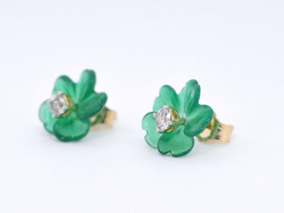 Boucles d'oreilles en or 0,18 carat avec fleur précieuse verte et gros diamants