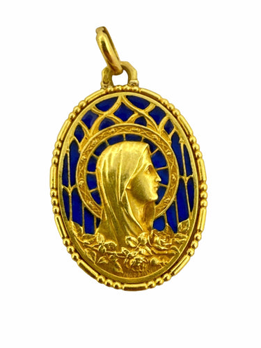 Pendentif Médaille religieuse ancienne en or jaune et émail bleu 58 Facettes