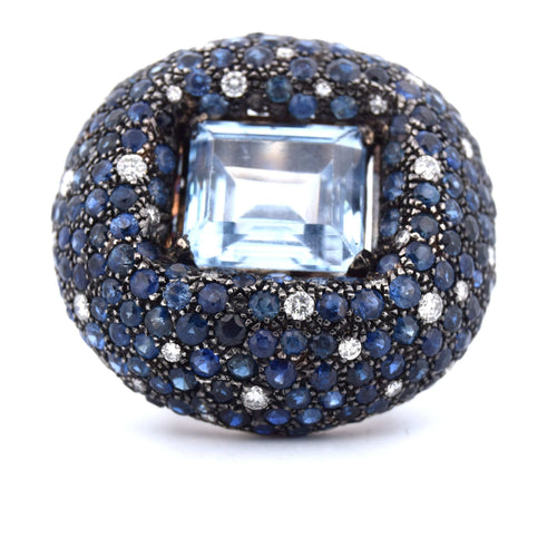 Bague 54 Bague en or blanc avec topaze, saphirs et diamants - Années 1950 58 Facettes