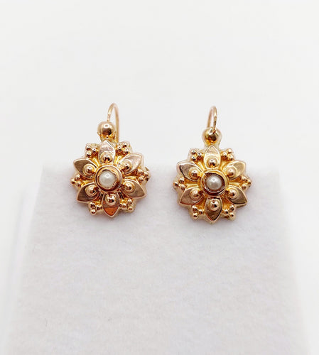 Boucles d'oreilles Dormeuses antique or rose 18k et perle (circa 1900) 58 Facettes A05899