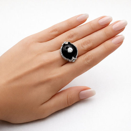 Bague 55 Bague en platine de style Art déco ornée de diamants et d'onyx 58 Facettes 50344