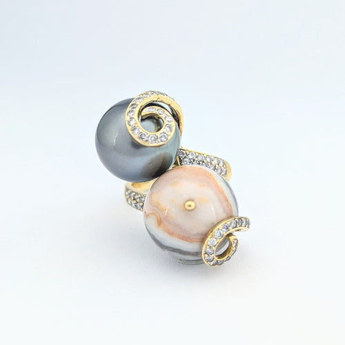 Bague Bague cocktail en or jaune perle grise de Tahiti et agate 58 Facettes 32034