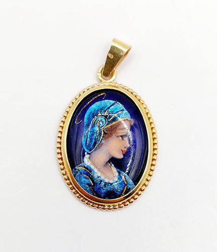 Pendentif Pendentif style Art Nouveau or jaune, plaque émaillée jeune fille, vintage 58 Facettes A05197