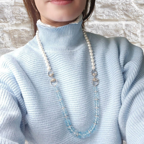 Collier Sautoir en perles et topazes bleues naturelles 58 Facettes CO50851