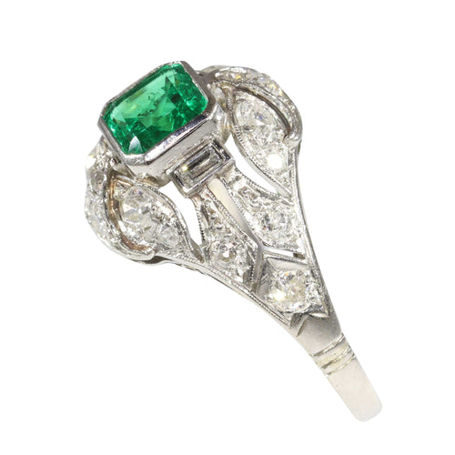 Bague 59 Verdant Vintage : Bague en émeraude colombienne et diamant taille ancienne de 1920 58 Facettes 16144-0061