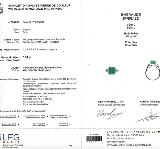 Bague or blanc, émeraude 5.90 cts, diamants.