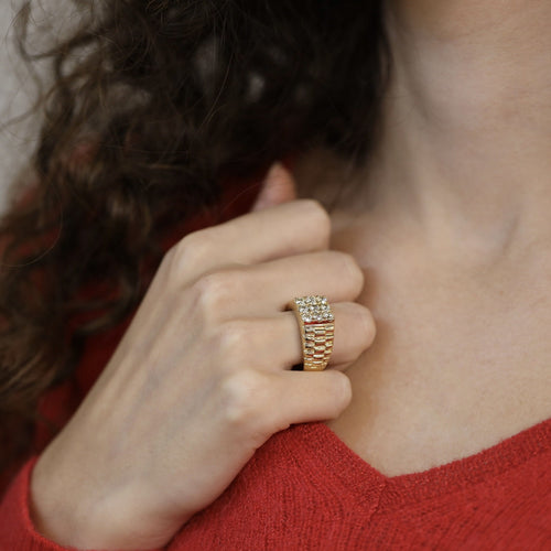 Bague 59 Bague chevaliere en or jaune 18K sertie de 1,00 ct de diamants brillants K-VS - Taille 59 58 Facettes FB09348