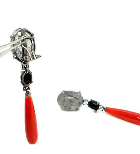 Boucles d'oreilles Boucles d’oreilles en Or Noir, Quartz, Tourmaline, Agate et Diamants 58 Facettes