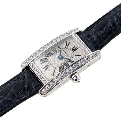 Montre Cartier RARE Cartier Mini Tank Americaine White Gold Bezel Factory Paved 47 diamonds Flinqué Guilloché Dial + 18k White Gold Buckle + Box 58 Facettes