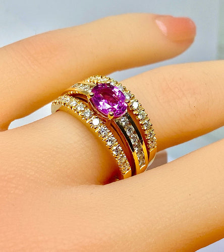 Bague 53 Bague jonc bandeau or jaune, saphir rose, diamants. 58 Facettes AB631