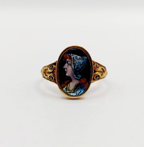 Bague 56.5 Bague Art nouveau Limoges en or 18k, plaque émaillée profil féminin circa 1910 58 Facettes A06400